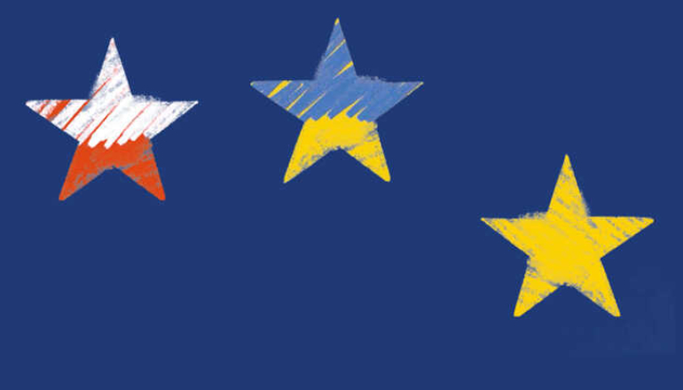 na grafice 3 gwiazdy w kolorach biało-czerwonym, niebiesko-żółtym oraz żółta na granatowym tle