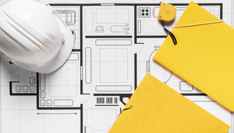 Układ elementów architektonicznych na białym tle