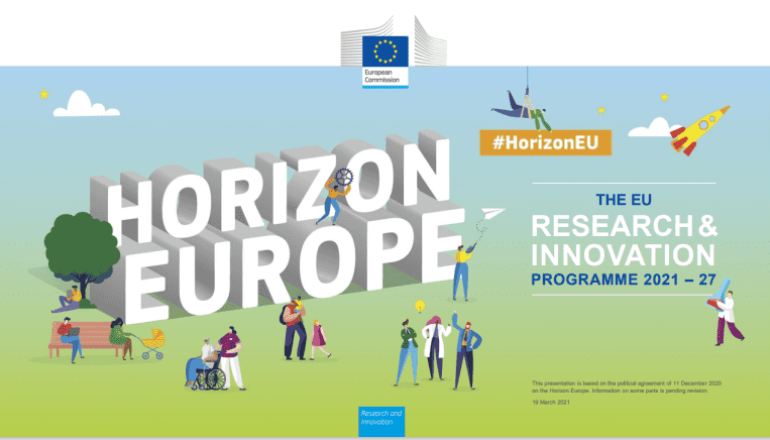 na niebiesko-zielonym tle napis: Horizon Europe