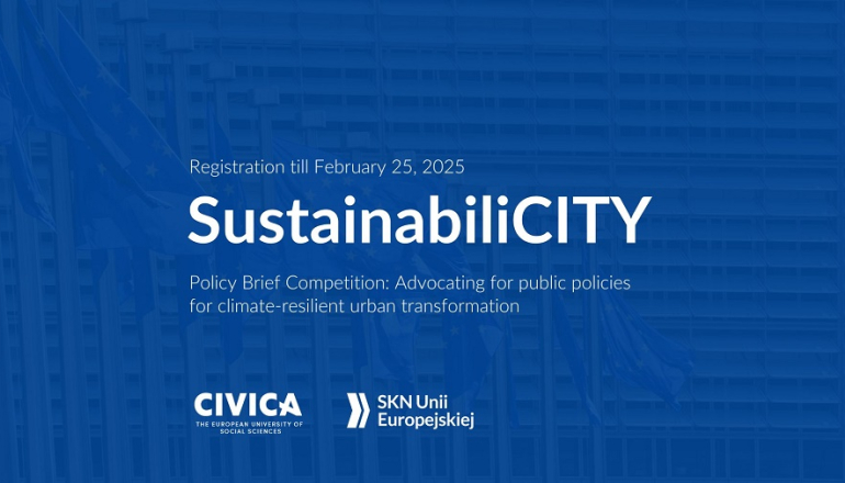 na granatowym tle napis: SustainabiliCITY oraz logo CIVICA i SKN UE