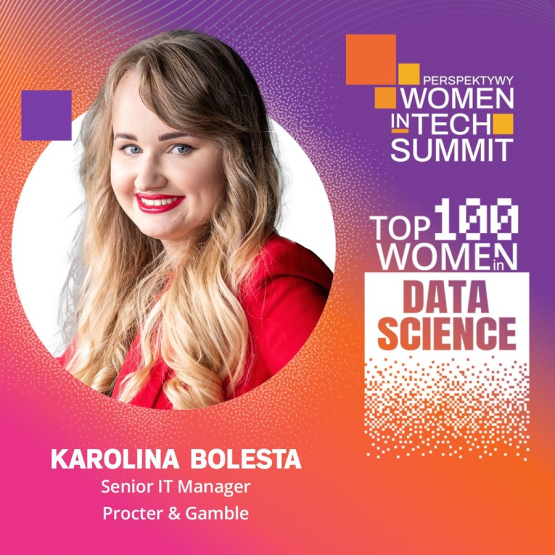 grafika promująca panią Karolinę Bolestę nominowaną na listę Top 100 Women in Data Science