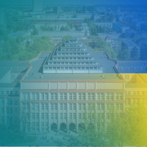 grafika łącząca barwy SGH i flagę Ukrainy; w tle zdjęcie budynku głównego SGH