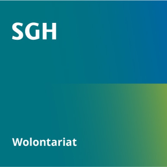 Na grafice: Kolor zielony SGH przechodzący w kolory flagi ukraińskiej z Logo uczelni i napisem wolontariat 