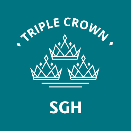 na turkusowym tle logo SGH, powyżej trzy korony, a nad tym napis "triple crown"