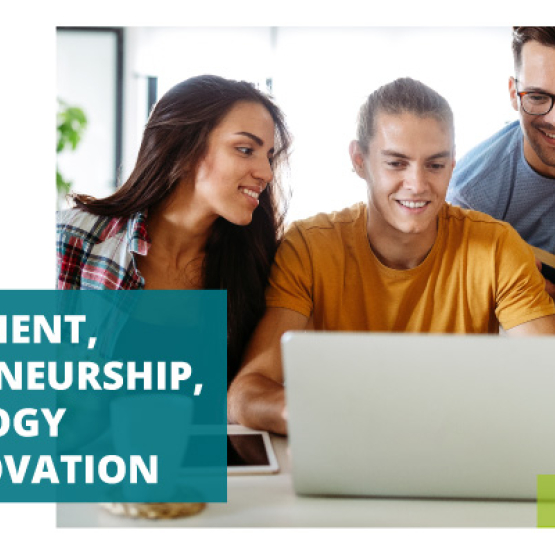 grafika: w części centralnej zdjęcie młodych ludzi przed laptopem, po lewej na białym tle logo SGH oraz napis: new master's programme Management, Entrepreneurship, Technology and Innovation (METI)