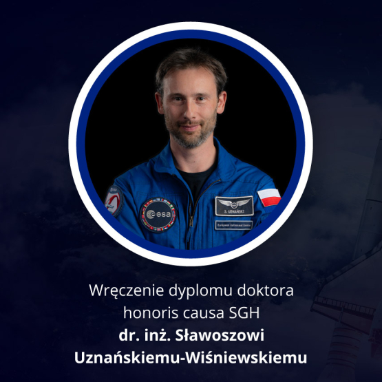 na granatowym tle zdjęcie astronauty w okrągłej ramce