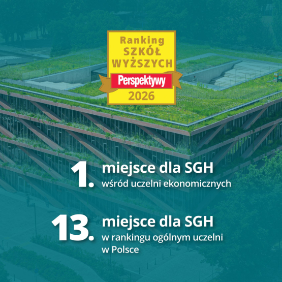 na turkusowym tle nowy budynek uczelni; na froncie żółte logo 