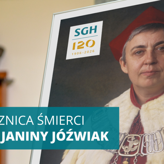 zdjęcie kobiety w todze rektorskiej, w tle jej popiersie i na dole napis: 10. rocznica śmierci rektor Janiny Jóźwiak
