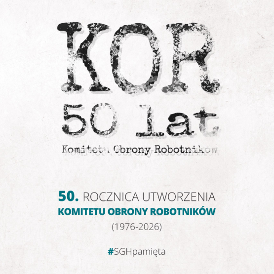 na białym tle napis KOR 50 lat, po lewej stronie logo SGH