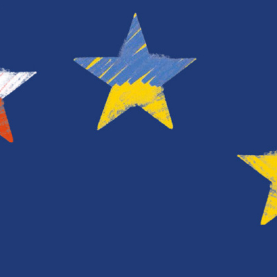 na grafice 3 gwiazdy w kolorach bialo-czerwonym, niebiesko-żółtym oraz żólta na granatowym tle.