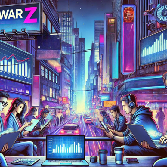 na kolorowej grafice, młodzież siedząca przy laptopach i w komórce. Grafika z Raportu