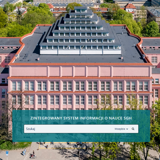 budynek główny SGH z napisem na zielonym tle Zintegrowany System Informacji o nauce SGH