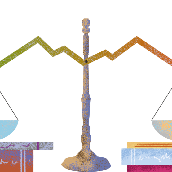 Grafika z wagą, szale nad stosami książek