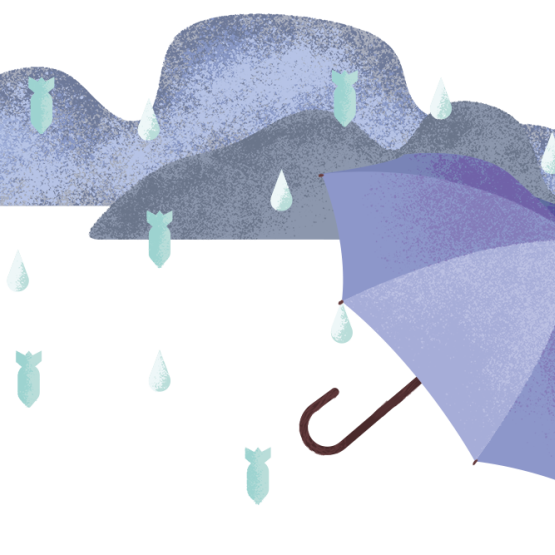 Rysunek parasola, chroniącego przed spadającymi niczym deszcz bombami