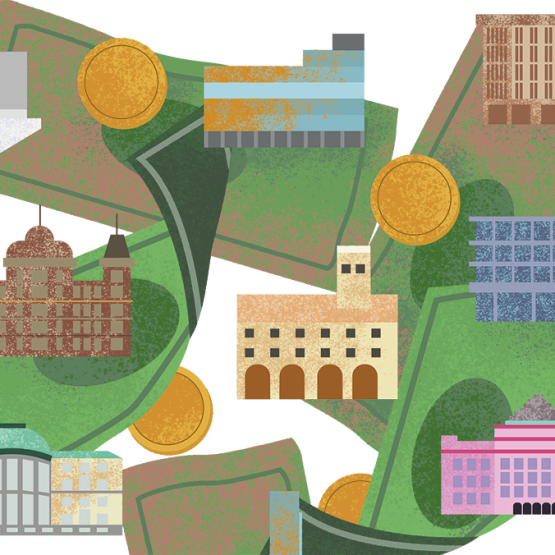 Grafika, trawnik z bryłami gmachów uczelni europejskich 