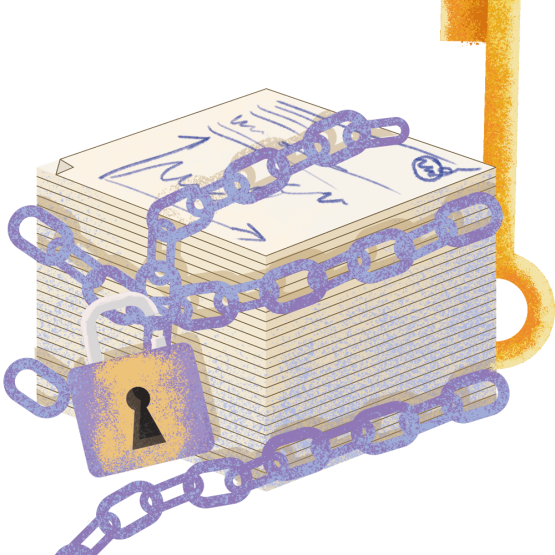 Rysunek stosu dokumentów, przewiązanych łańcuchem z kłódką, klucz ukryty za stosem