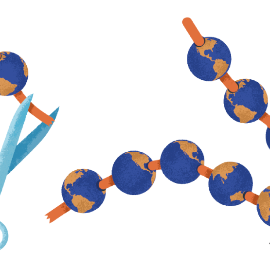 kule ziemskie nawleczone na sznurek, który jest przecięty nożyczkami