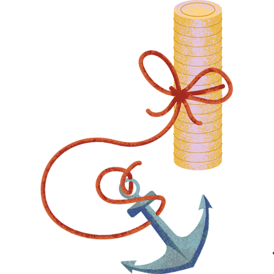 stos monet związanych sznurkiem i przyczepionych do kotwicy