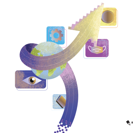 kolorowa strzałka okalająca kule ziemska i kwadraty z symbolami: oko,  śruba, maseczka, koło