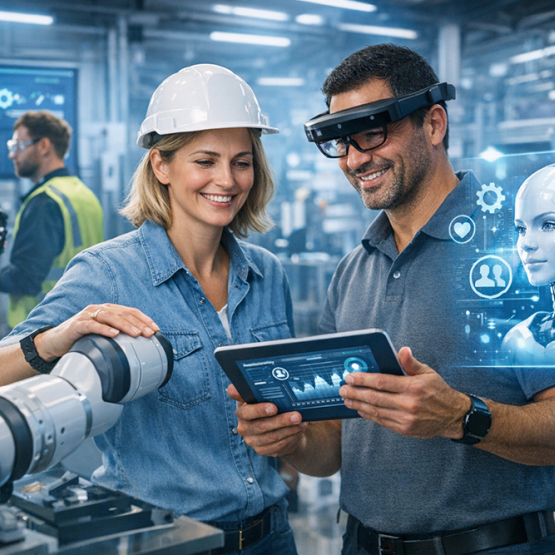 ludzie pracujący z robotami 