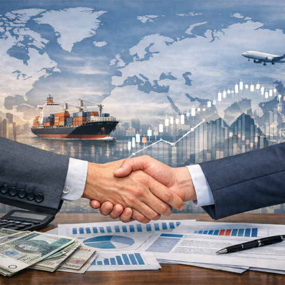 uściśnięte dłonie na tle dokumentów, statków, wykresów - obraz wygenerowany przez AI 