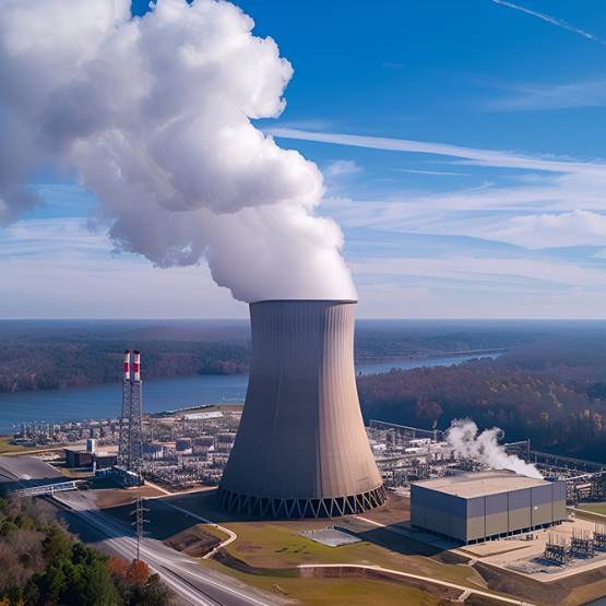 Elektrownia jądrowa z chłodnią kominową emitującą parę wodną, otoczona naturalnym krajobrazem i rzeką. 