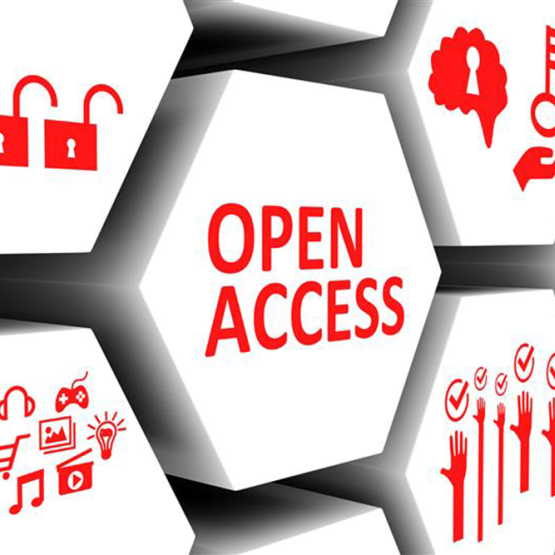 na grafice biały plaster miodu z napisem open access i małymi grafikami 