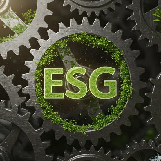 zielony napis ESG w trybach kół zębatych