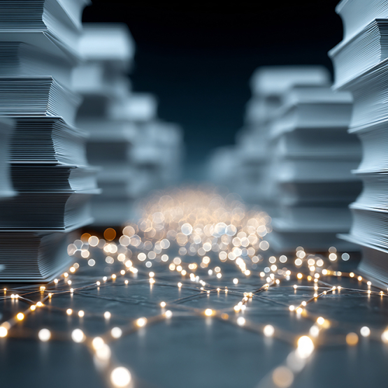 stosy książek i przenikające przez nie światło