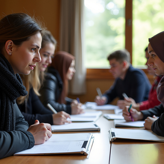 na zdjęciu osoby siedzące przy stole i rozmawiające