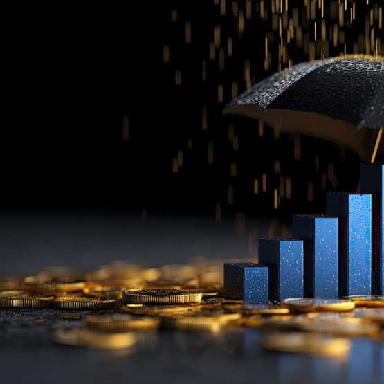 grafika przedstawiająca słupki z wykresu na kupce złotych monet, nad nimi parasol chroniący przed padającym deszczem