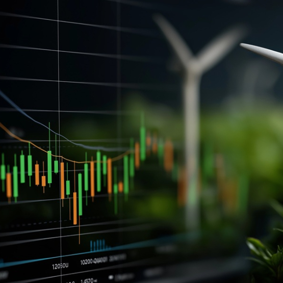 wykresy wyników finansowych i w tle wiatraki