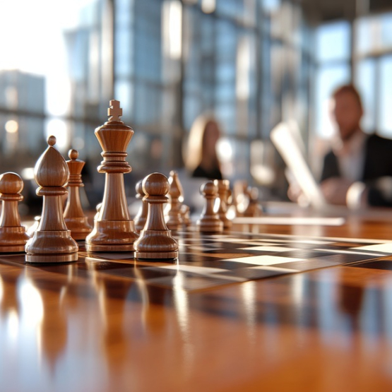 zarząd siedzi przy stole, na którym są ustawione szachy