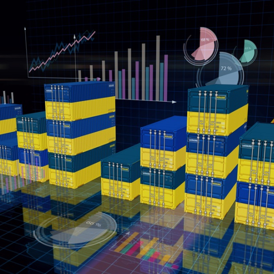 słupki w barwach flagi ukraińskiej na wykresie