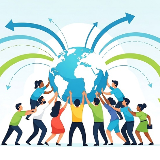 grafika, ludzie trzymający kuję ziemską