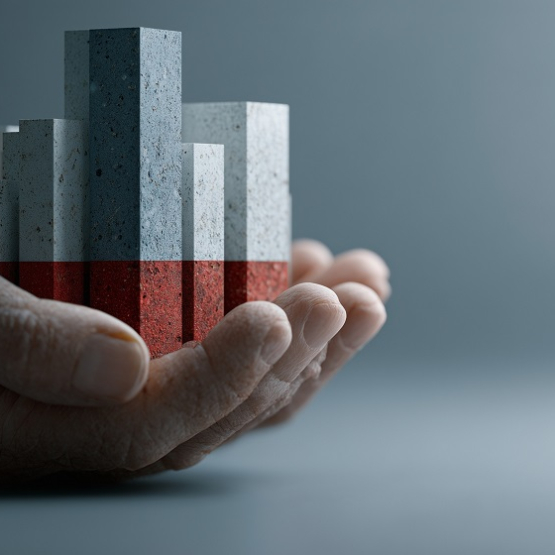 dłoń trzymająca klocki różnej wielkości w kolorze białoczerwonym