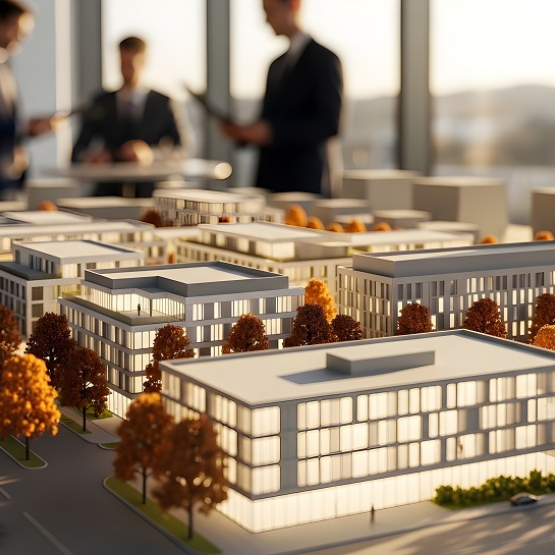 Model architektoniczny nowoczesnej miejskiej zabudowy z ludźmi w tle