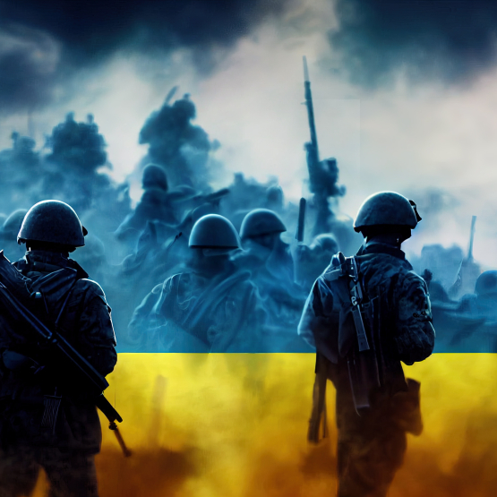 żołnierze na polu walki w tle barwy narodowe Ukrainy