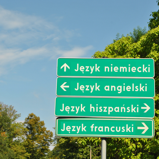 na zdjęciu drogowskazy drogowe z napisami języków obcych