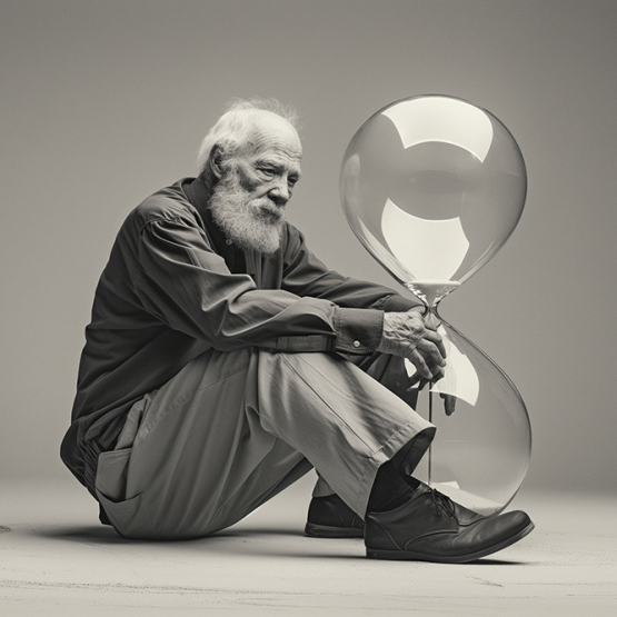 stary człowiek obejmujący szklaną klepsydrę