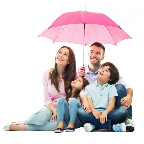 grafika kolorowa. Rodzina pod różowym parasolem