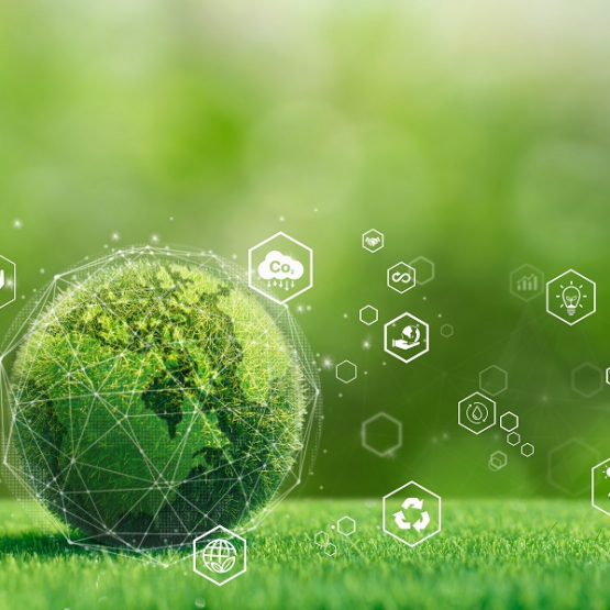 grafika przedstawiająca kulę ziemską z trawy, tocząca sie po trawie; wokół niej symbole Co2, odnawialnej energii etc.