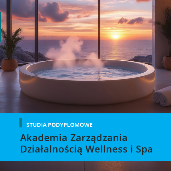 zdjęcie spa z niebieskim tłem na dole i podpis: studia podyplomowe Akademia Zarządzania Działalnością Wellness i SPA