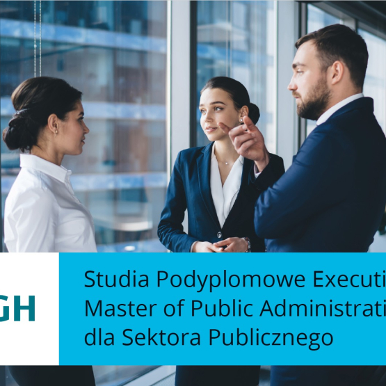 na zdjęciu trzy osoby w biurze, na froncie na niebieskim tle napis: studia podyplomowe Executive Master of Public Administration dla sektora publicznego