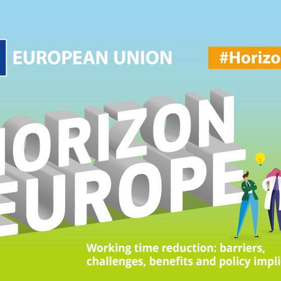 Grafika przedstawiająca narysowanych ludzi w różnych pozach oraz napis Horizon Europe