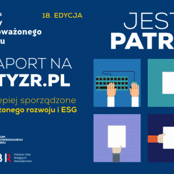 na granatowym tle po lewej stronie sześć grafik, nad nimi napis "Jesteśmy patronem"