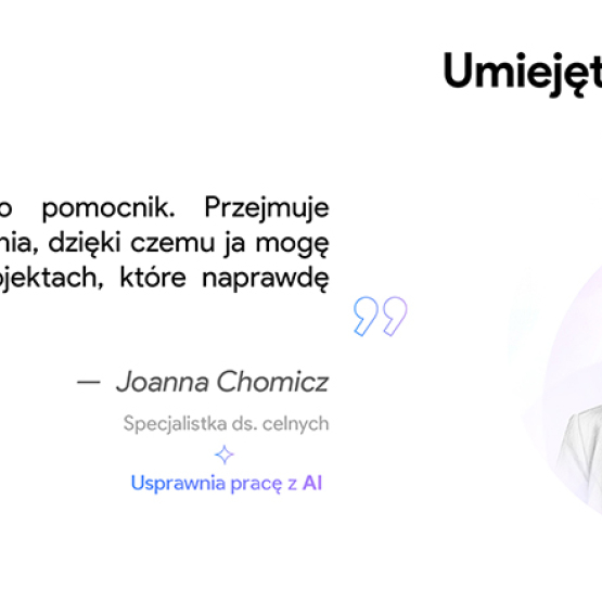 na białym tle grafizowana twarz kobiety i cytat, u góry napis: Umiejętności Jutra: AI
