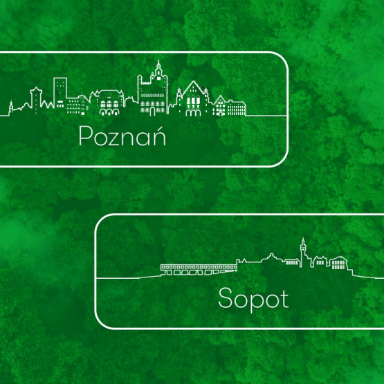 na zielonym tle zarysy miast: Poznania i Sopotu z podpisami