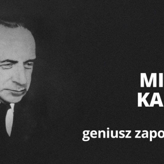na czarnym tle zdjęcie portretowe mężczyzny w marynarce i pod krawatem, w prawym górnym rogu logo SGH, po lewej stronie napis: Michał kalecki, geniusz zapomniany
