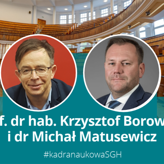 grafika: dwa zdjęcia w okrągłych ramkach w tle uczelniana aula